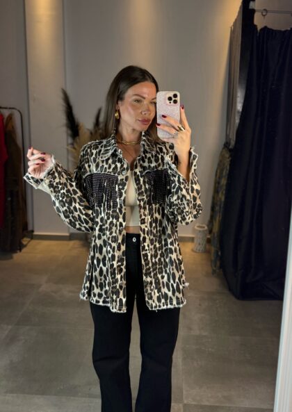 Denim Animal Print Πουκάμισο με κρόσια δερματίνη