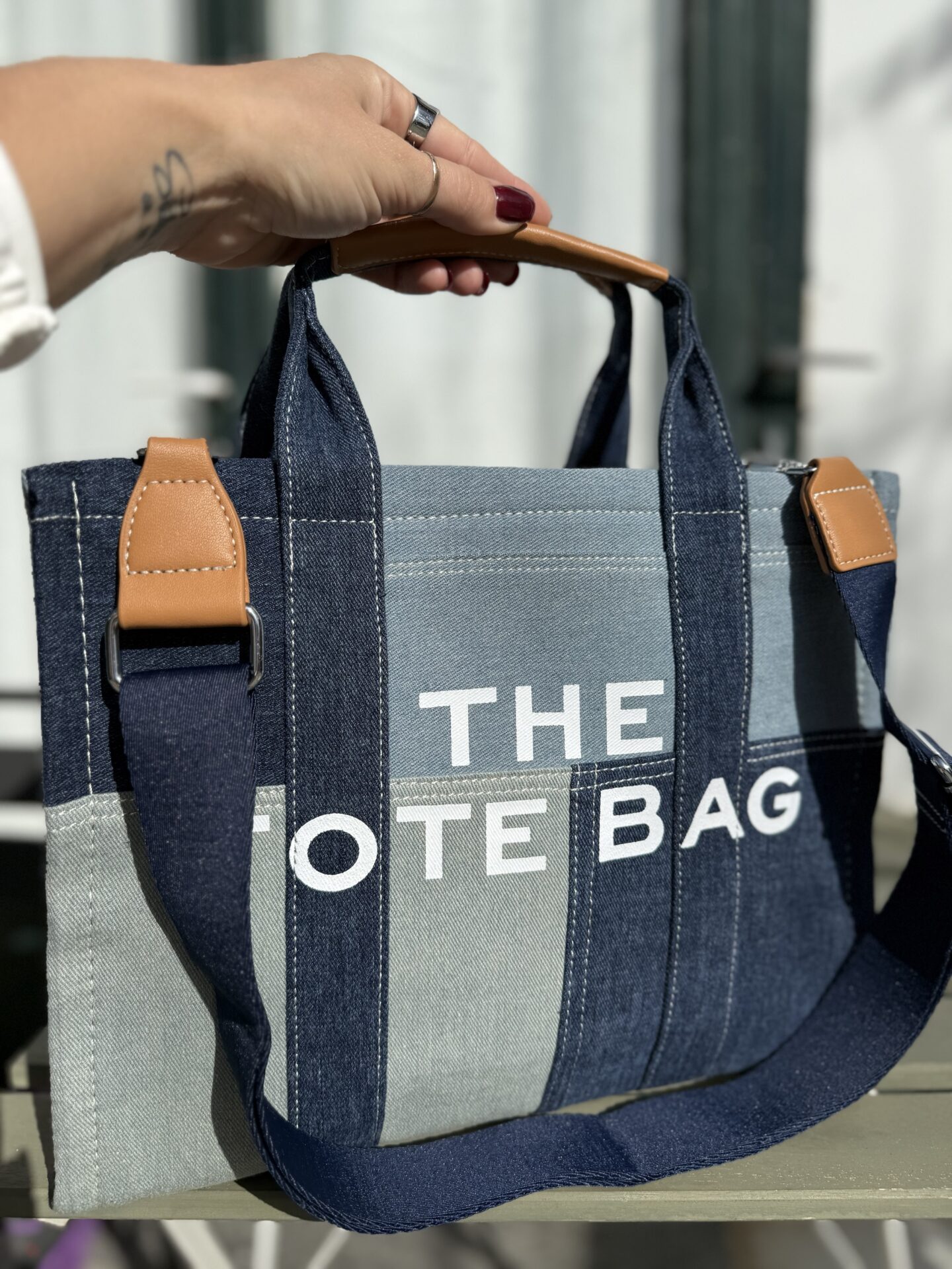 Denim Τζιν Tote Bag με Prints - Image 3