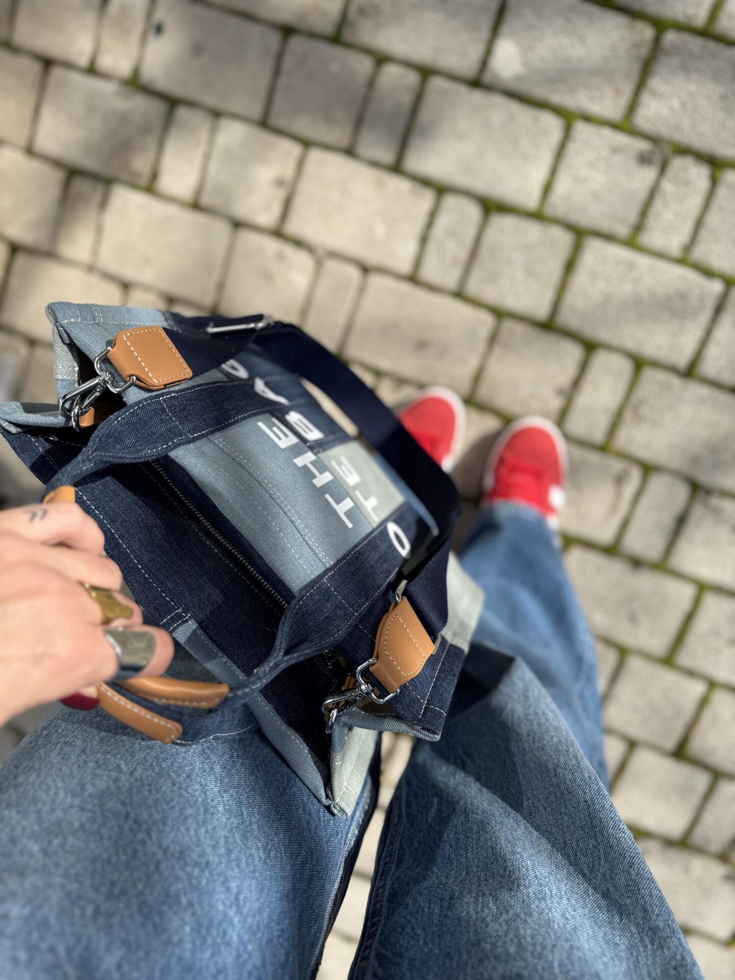 Denim Τζιν Tote Bag με Prints - Image 2