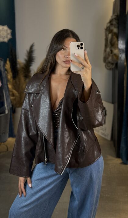 Oversized Eco Leather Jacket με μανίκι καμπάνα (Καφέ)