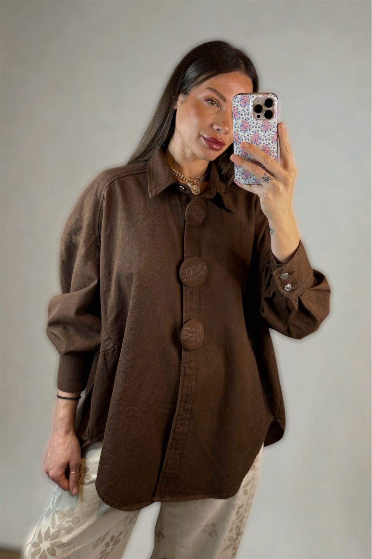 Oversized Denim Shirt Jacket με μεγάλα κουμπιά (Καφέ) - Image 3