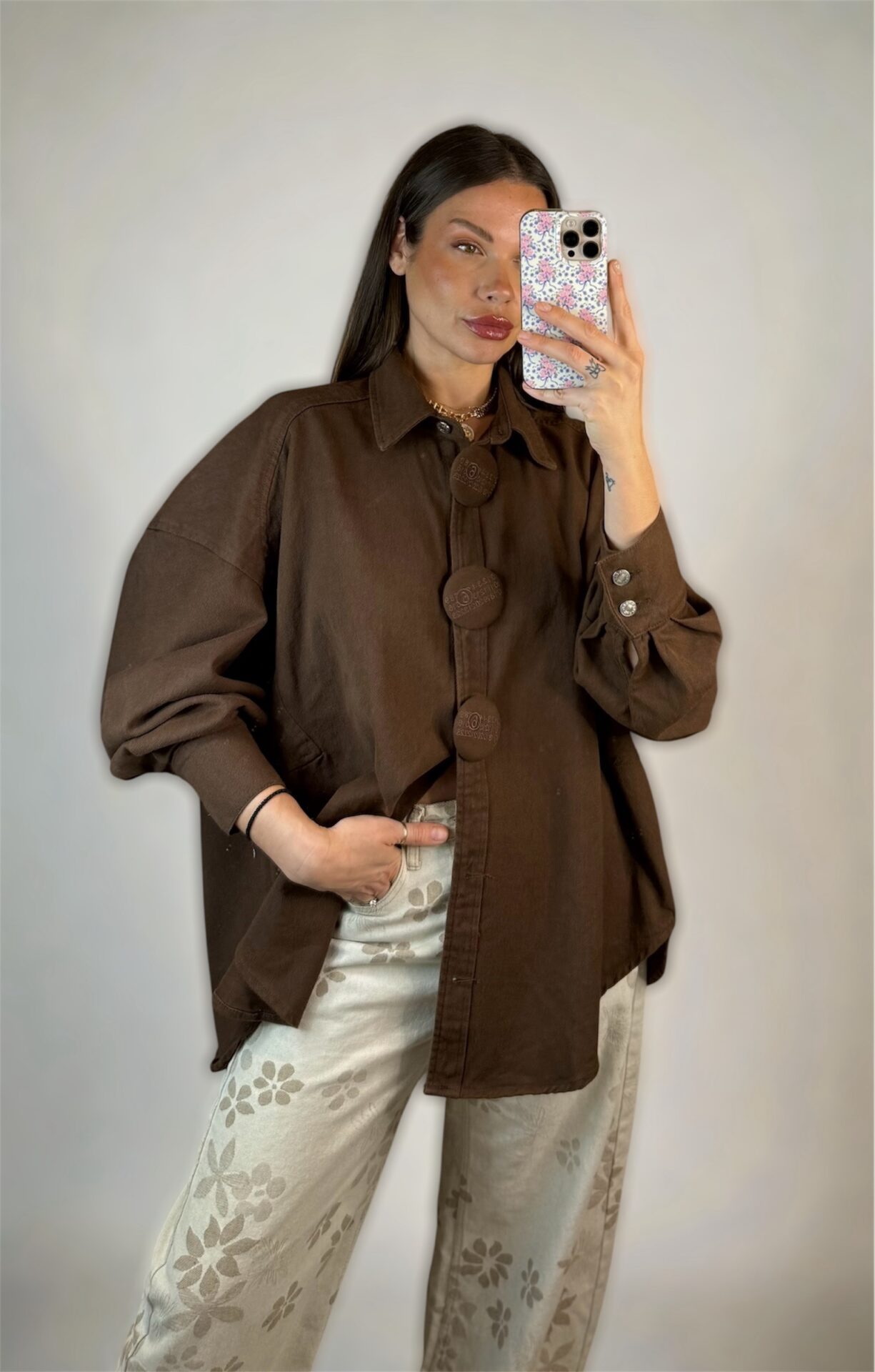 Oversized Denim Shirt Jacket με μεγάλα κουμπιά (Καφέ)