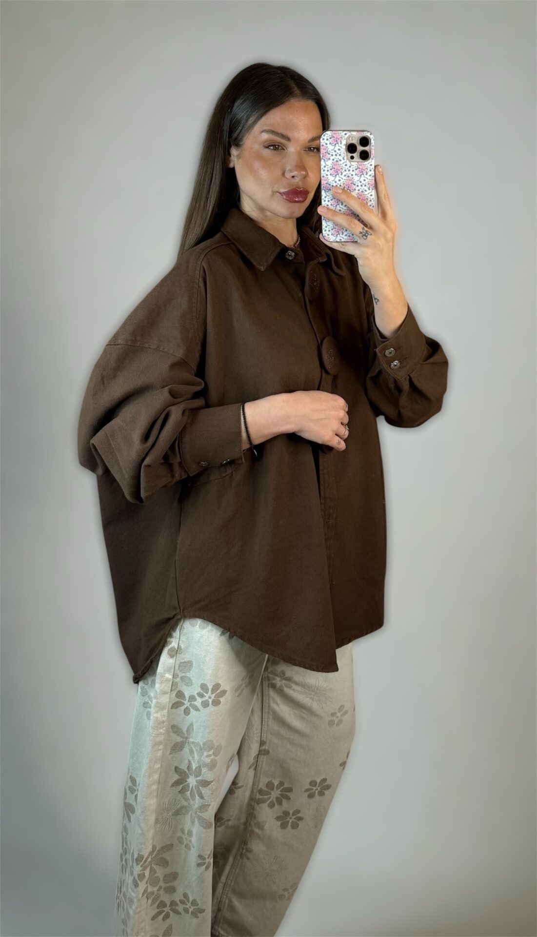 Oversized Denim Shirt Jacket με μεγάλα κουμπιά (Καφέ) - Image 2
