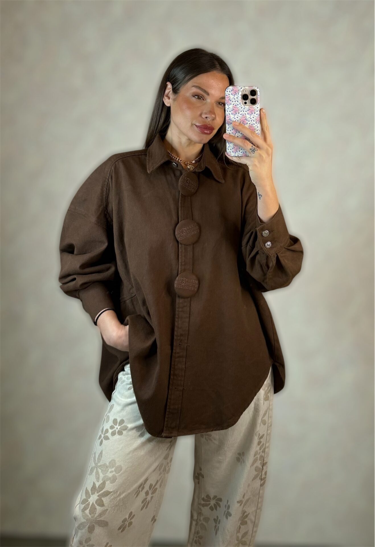 Oversized Denim Shirt Jacket με μεγάλα κουμπιά (Καφέ) - Image 4