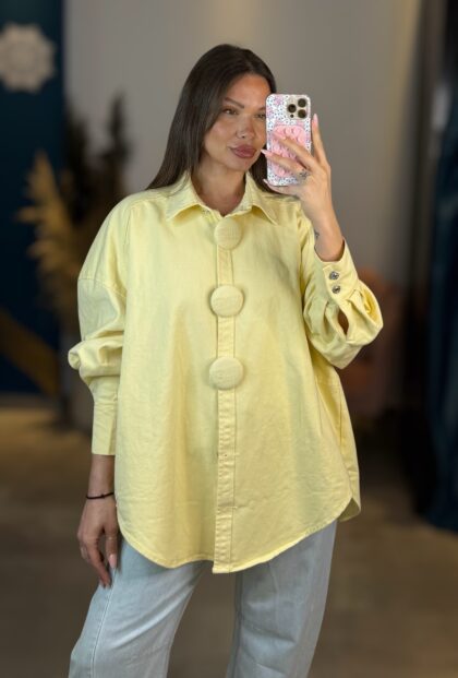 Oversized Denim Shirt Jacket μεγάλα κουμπιά  (κίτρινο παστέλ)