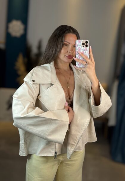 Oversized Eco Leather Jacket με μανίκι καμπάνα (Εκρού)