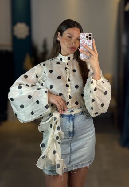 Polka Dot Chiffon Balloon Sleeve Blouse