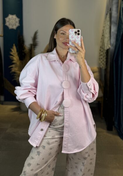 Oversized Denim Shirt Jacket μεγάλα κουμπιά (Ροζ)