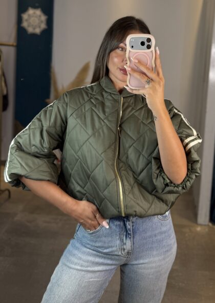 Khaki Quilted Short-Sleeve Jacket