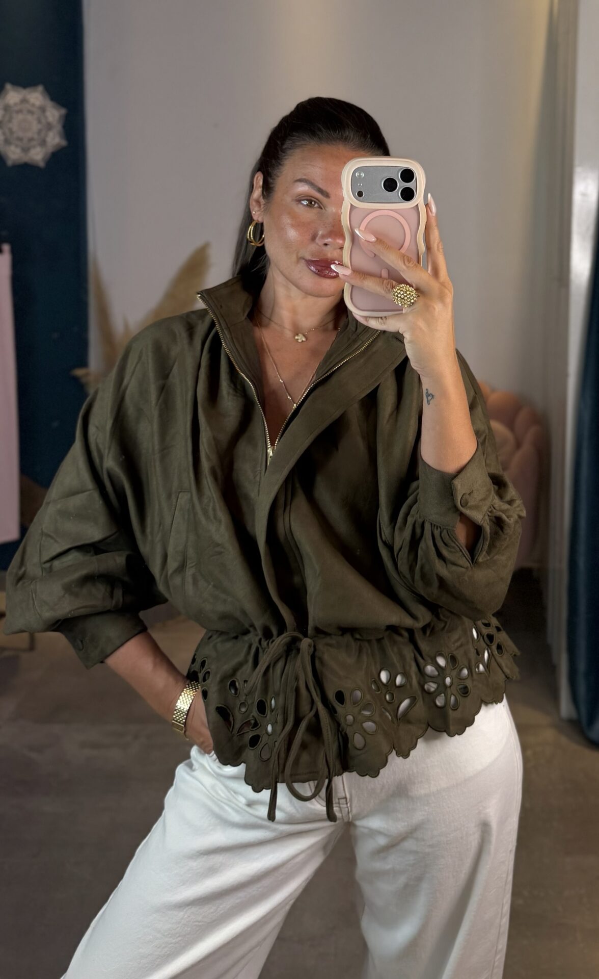 Sienna Suede Laser-Cut Jacket (Khaki)