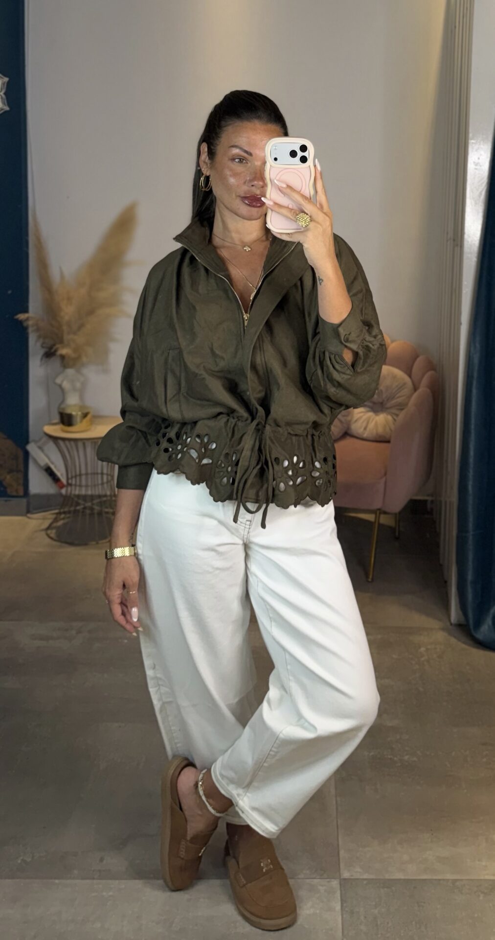 Sienna Suede Laser-Cut Jacket (Khaki) - Image 2